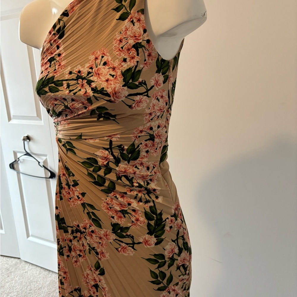 Dress Forum Tan Green One Shoulder Sheath Dress